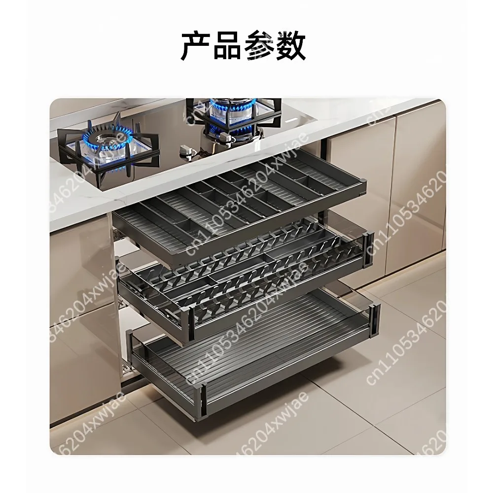 Drawer Style Kitchen Cabinet Pull Out Bowl Basket 3 Layer Aluminum Dish Storage Rack New Arrival Tableware Organizer