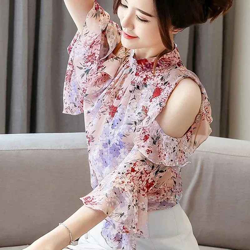 Short Sleeve Chiffon Blouses for Women, Sweet Butterfly Sleeve Tops, Off Shouer Shirts, Floral Print Clothes 5388 50