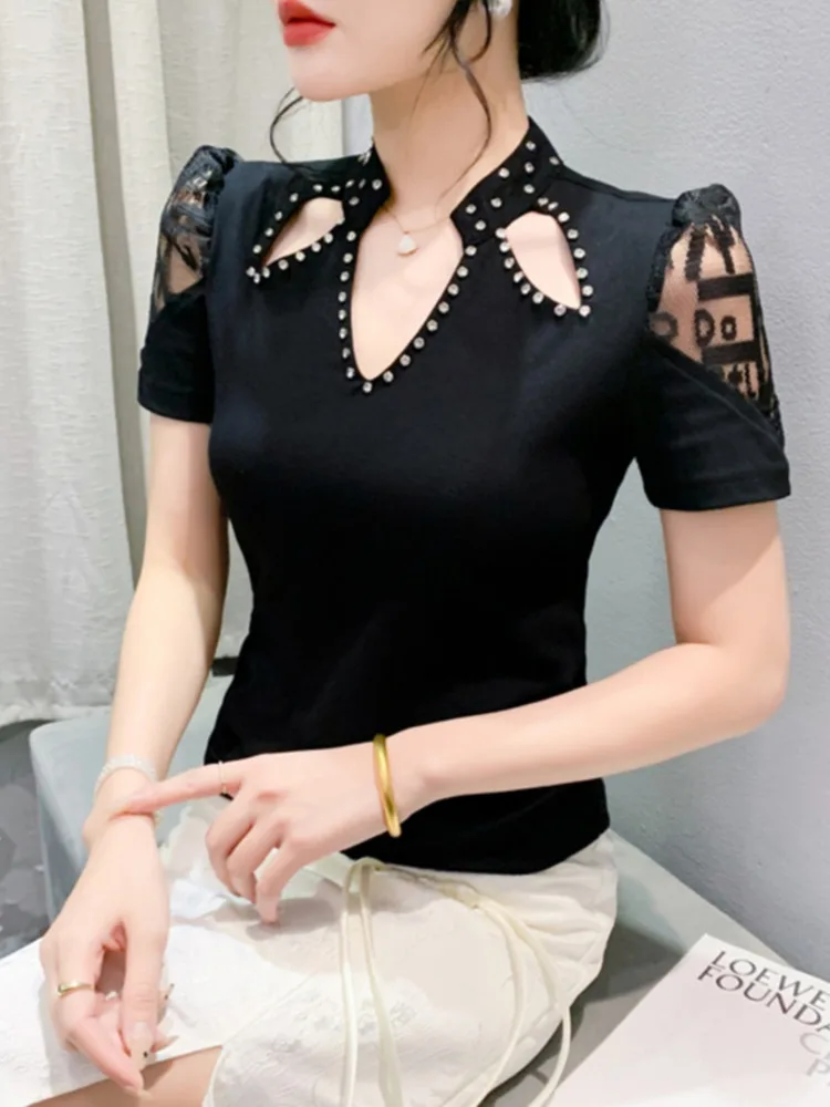 

#6008 Summer Black Red Off Shoulder T Shirt Women Stand Collar Diamonds Hollow Out Short Tshirt Female Sexy Vintage Split Joint