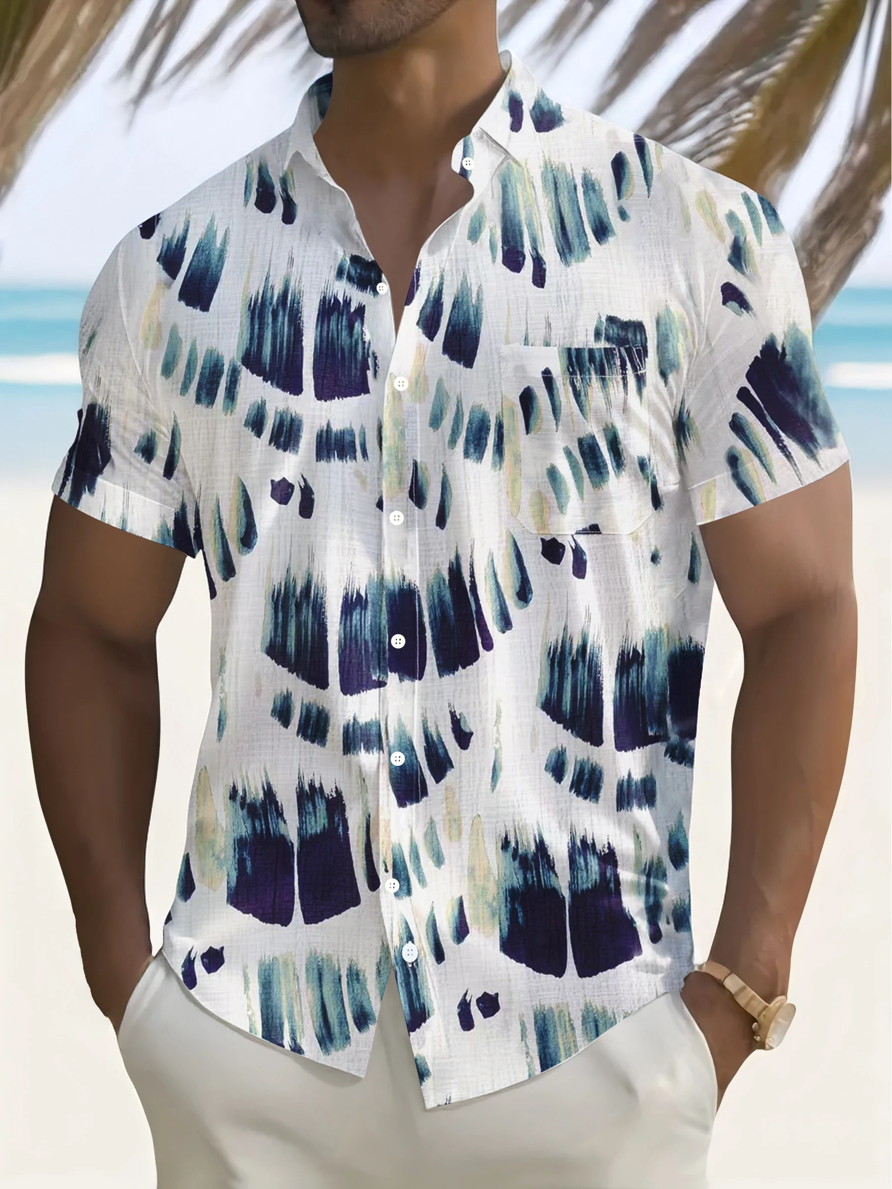 New Men's Shirt With Beach Print Cardigan Button Lapel Personalized Casual, Fashionable And Comfortable Short-Sleeved Top