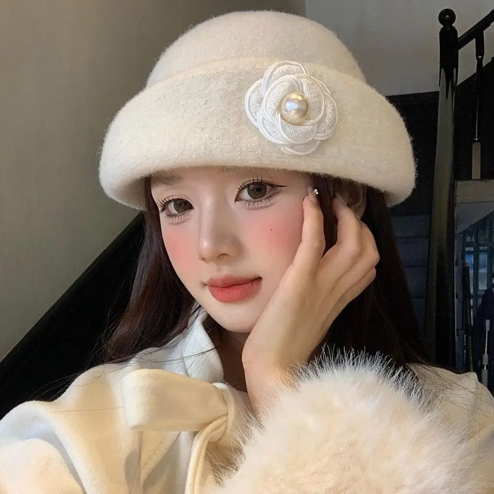 

Retro Bow Hepburn Style Topper Hat Pearl French Style Woolen Bucket Hat Pure Color British Style Basin Hat Autumn