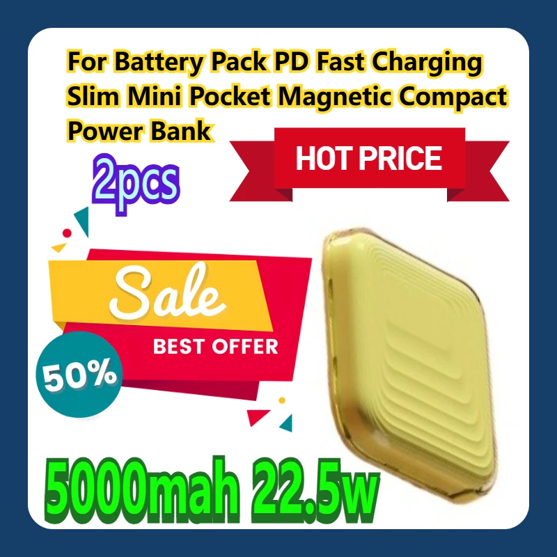 

For Battery Pack 5000mAh 22.5W PD Fast Charging Slim Mini Pocket Magnetic Compact Power Bank 2pcs