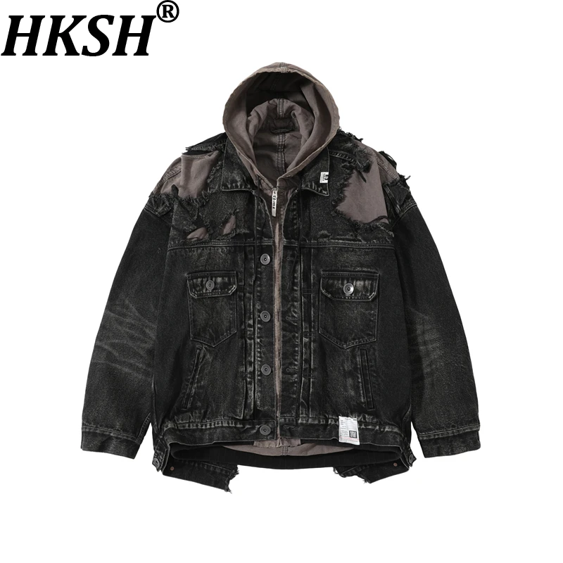 

HKSH весна осень новая мужская потертая лоскутная куртка из двух предметов с рваными пуговицами на молнии Ins джинсовая куртка с капюшоном пальто HK14350