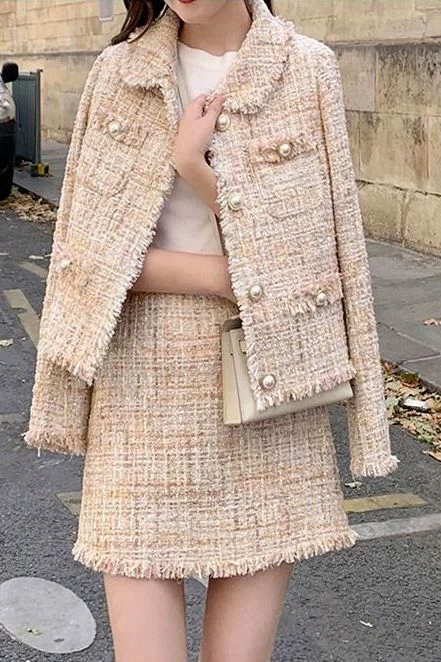 

2023 Autumn Winter Elegant Socialite Style Pink Tweed Two Piece Set for Women Chic Outfit with Jacket and Skirt Fashion Ensemble