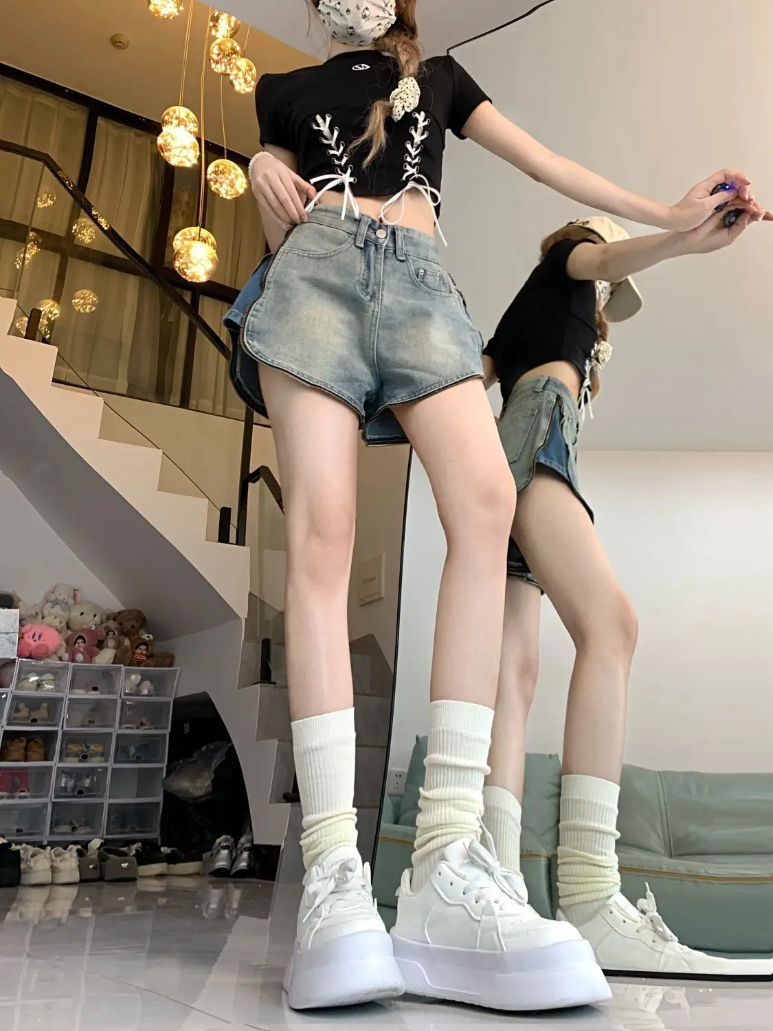 Denim Shorts Side Zipper Design High-Waisted American Retro Women'S 2024 Summer New Hot Girl Loose Versatile Pants