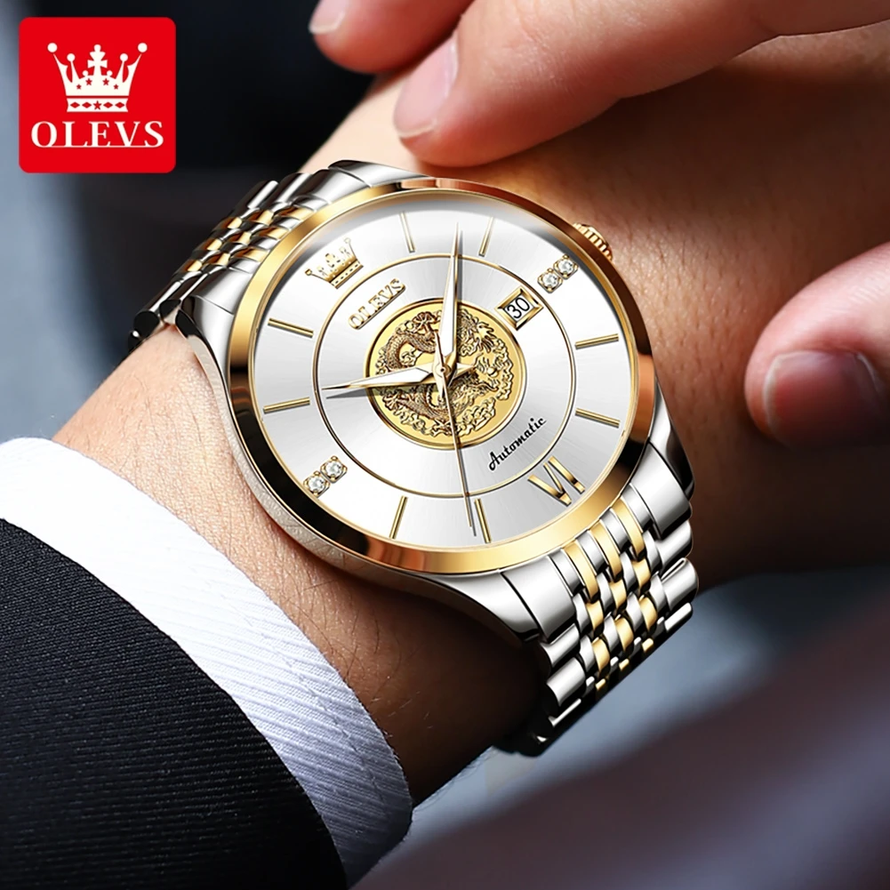 OLEVS Original Gold Dragon Wristwatch for Man Automatic Mechanical Business Watch Waterproof Luminous TOP Brand Men\'s Wristwatch