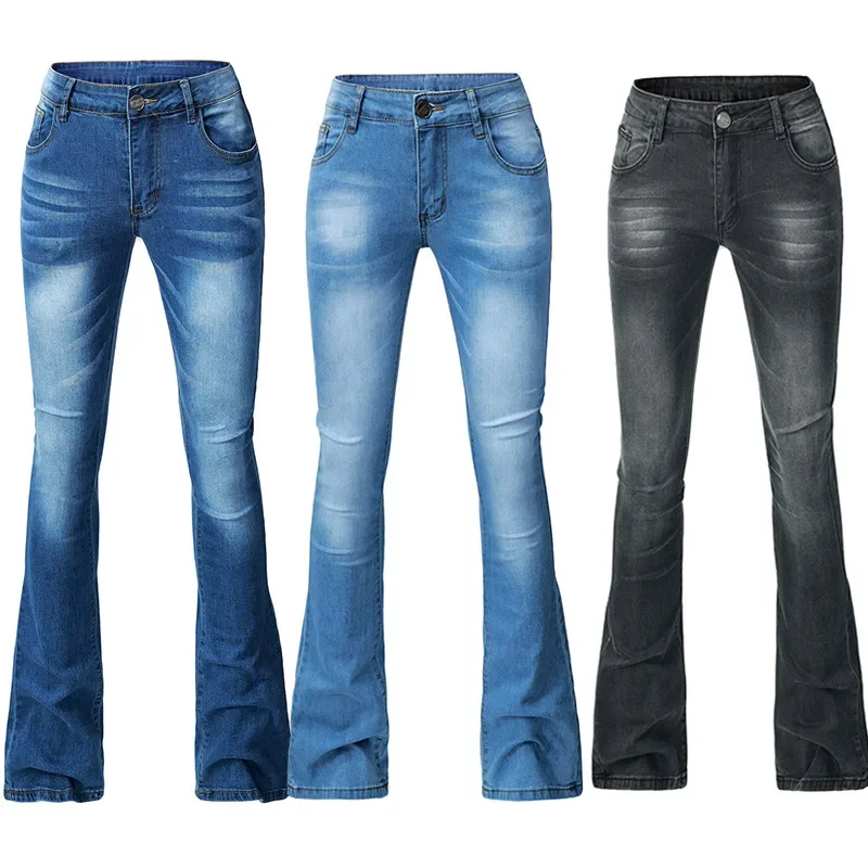 

Брюки-клеш, джинсы для женщин, винтажные джинсы, эластичные брюки со средней талией, потертые потертые карманы, ботинки, уличная одежда, узкие брюки