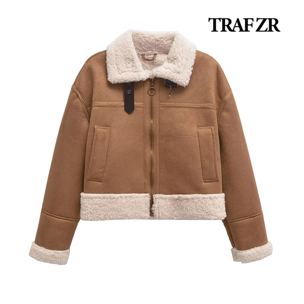 TRAF ZR Vintage Double-faced Suede Short Jacket Y2k Lapel Collar with Tab Coat High Street Centrered Zipper Fleece Streetwears