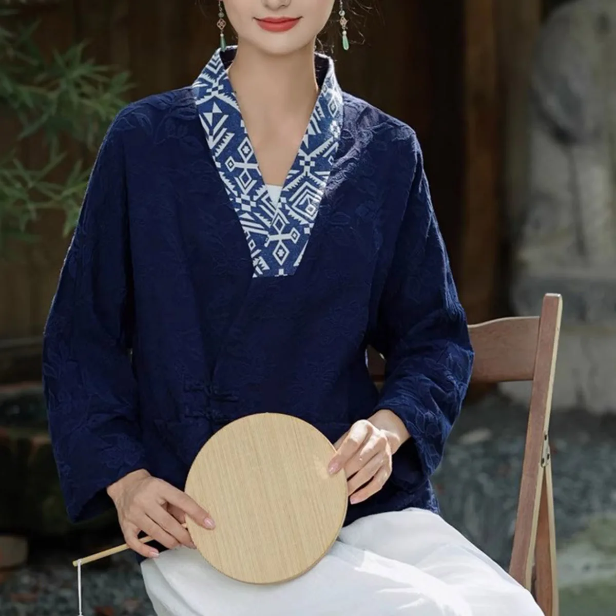 

Womens Jacquard Cotton Cardigan Lightweight Kimono Jacket Assembling V-Neck Patchwork Open Front Frog Button Lining Cropped Coat