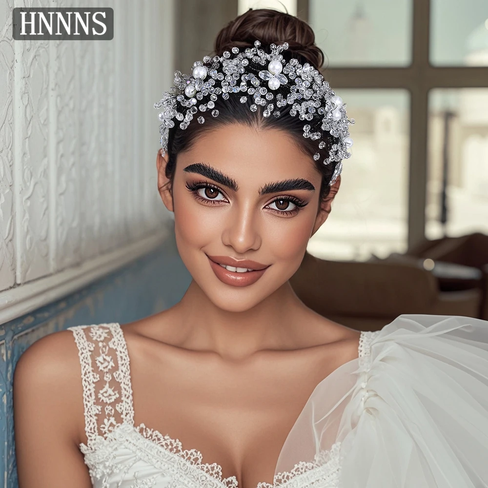 

HNNNS High-end Bridal Wedding Hair Accessories Crystal Flower Wide Headband Handmade Beaded Headpiece Elegant Headdress A98