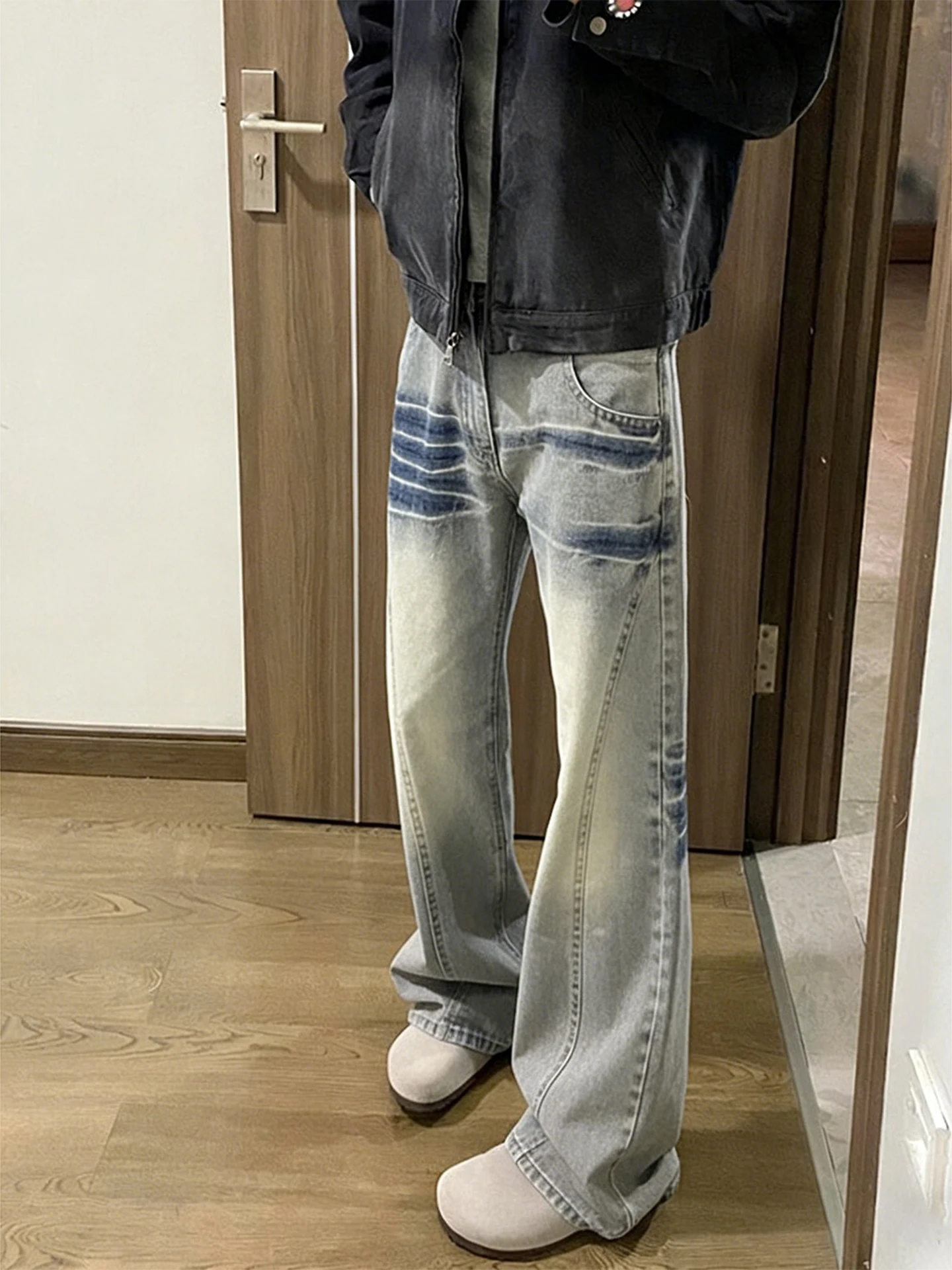 

American Sle Slim Fit Straight Leg Jeans Men's Curve Blade Lightning Pattern Casual Wear Resistant Cotton Polyester Blend