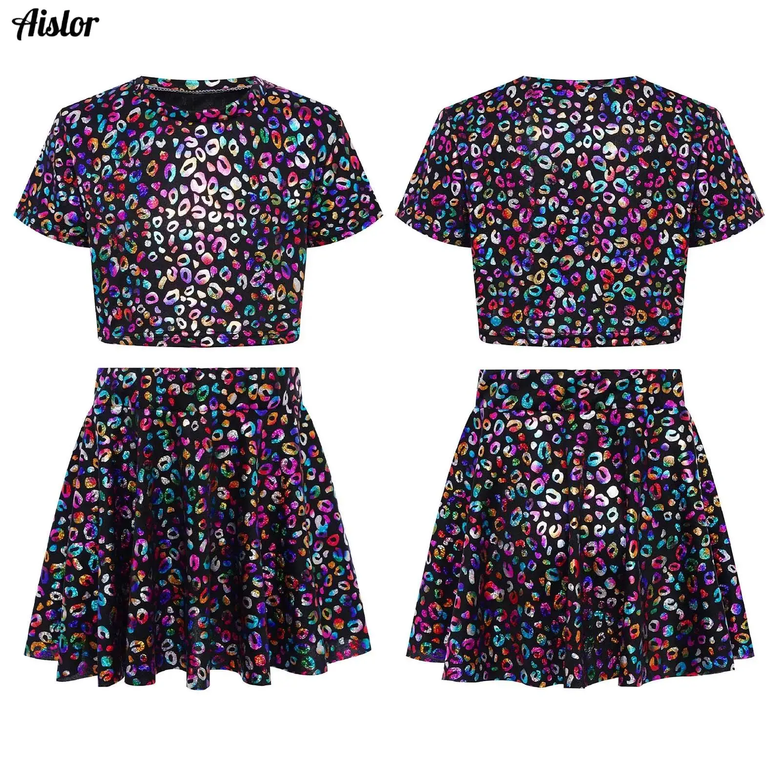 

Kids Girls Jazz Streetwear Metallic Leopard Print Cheerleading Dance Costume Outfit Short Sleeve Crop Top with Ruffled Skirt