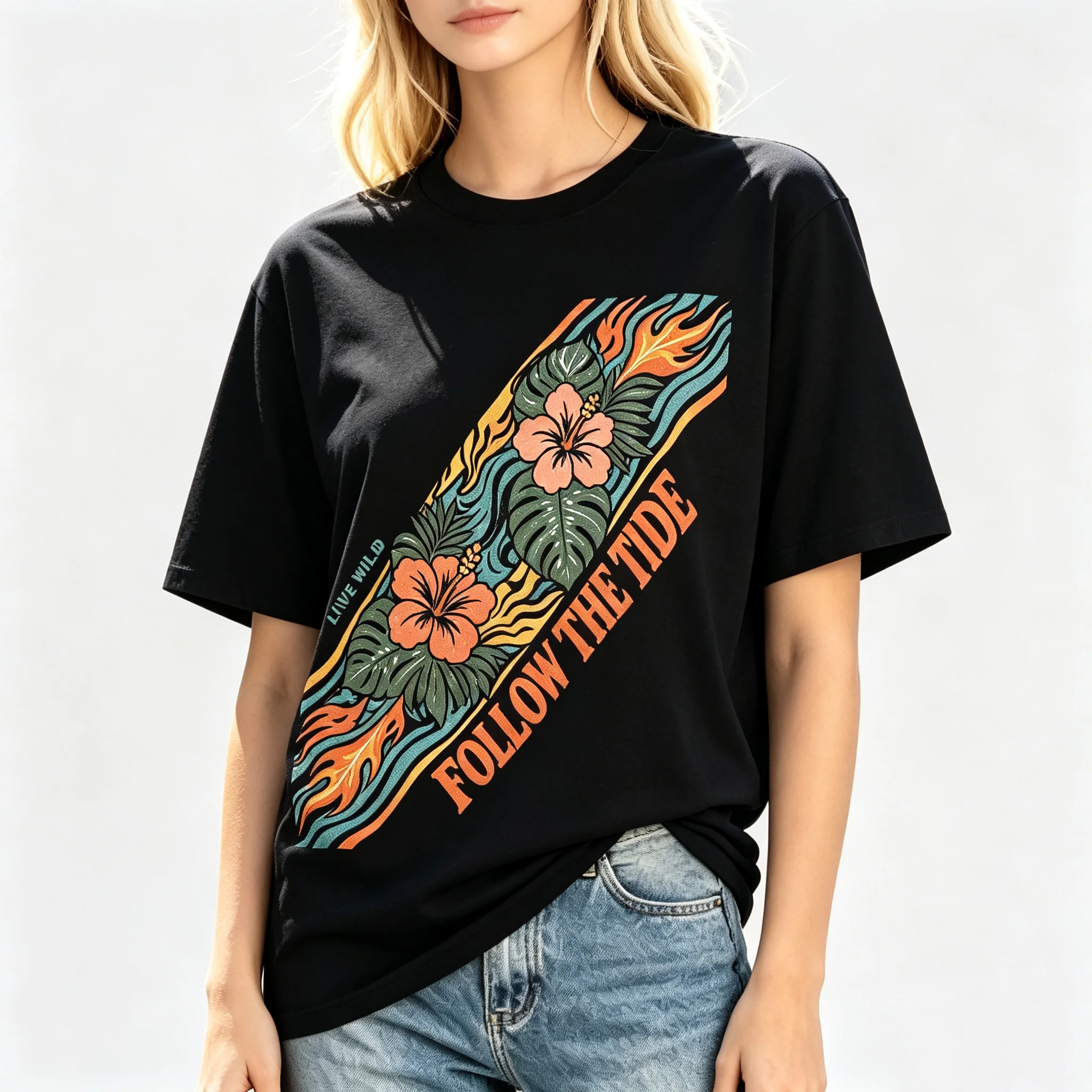 Follow The Tide Live Wild Tropical Hibiscus Wave Flame Graphic T Shirt Retro Summer Beach Short Sleeve Casual Tee