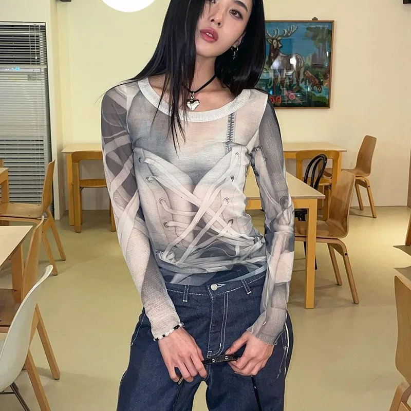 Karrram Korean Fashion Designer Clothes Grunge Aesthetic Sheer Tops Y2k Cyber Graphic Mesh Top See Through Kpop Chic Streetwear