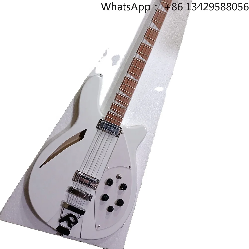 Flyoung Factory White Electric Bass Guitar with 4 Strings Bass Semi-Hollow Body
