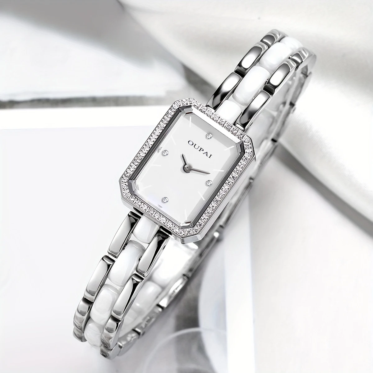 Oupai Reloj Rectangular Pulsera de Mujer Cuarzo Blanco Reloj de Pulsera de Cadena Simple y a la Moda Vestido Exquisito Resistente al Agua