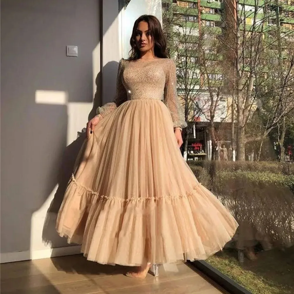 

Elegant Champagne Ankle Length Women Tulle Skirts A-line Stretchy Waistband Puffy Tutu Tulle Skirt Custom Made Maxi Skirt