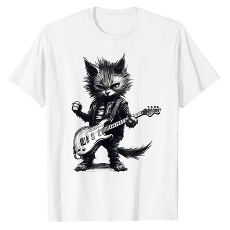 

2025 New summer men's 100% pure cotton rock guitar cat print short-sleeved T-shirt, hip-hop trend high-quality clothing