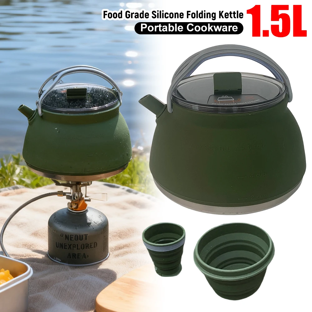 

Силиконовый чайник 1,5 л с ручкой и дном из нержавеющей стали, складной чайник для кемпинга, портативная посуда для путешествий, пикника