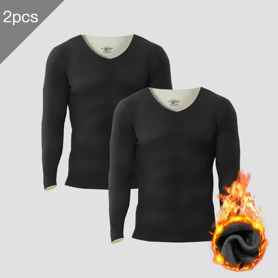 

2PCS Men's thermal underwear with fleece and thickened, V-neck long Johns for autumn and winter, seamless base underwear,