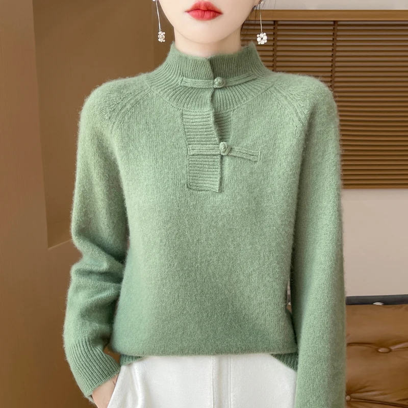 Autumn Winter 100% Pure Woolen Sweater Women\'s Vintage Half High Neck Loose Thickened Plate Button Pullover Versatile Foreigner