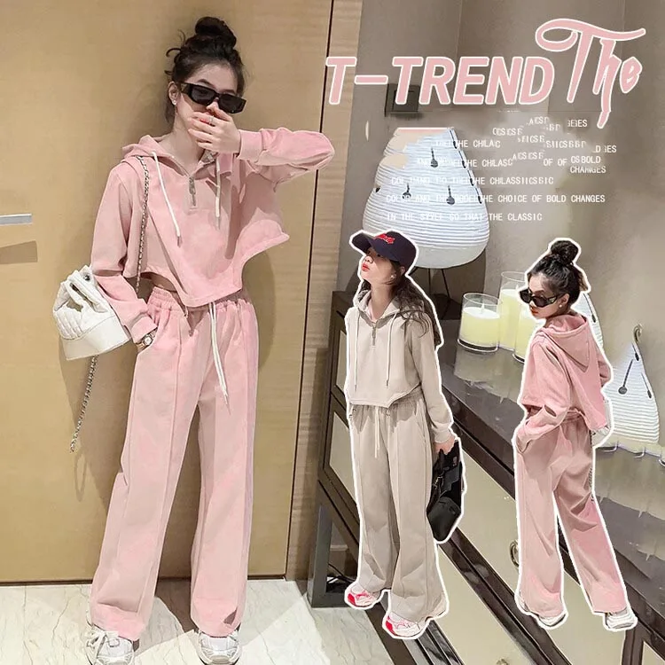 Korean Spring Autumn Junior Girls Tracksuit Half Zip Hooded Sweatshirt+Sport Pants Child Teen Girl Jogger Workout clothes Set 14