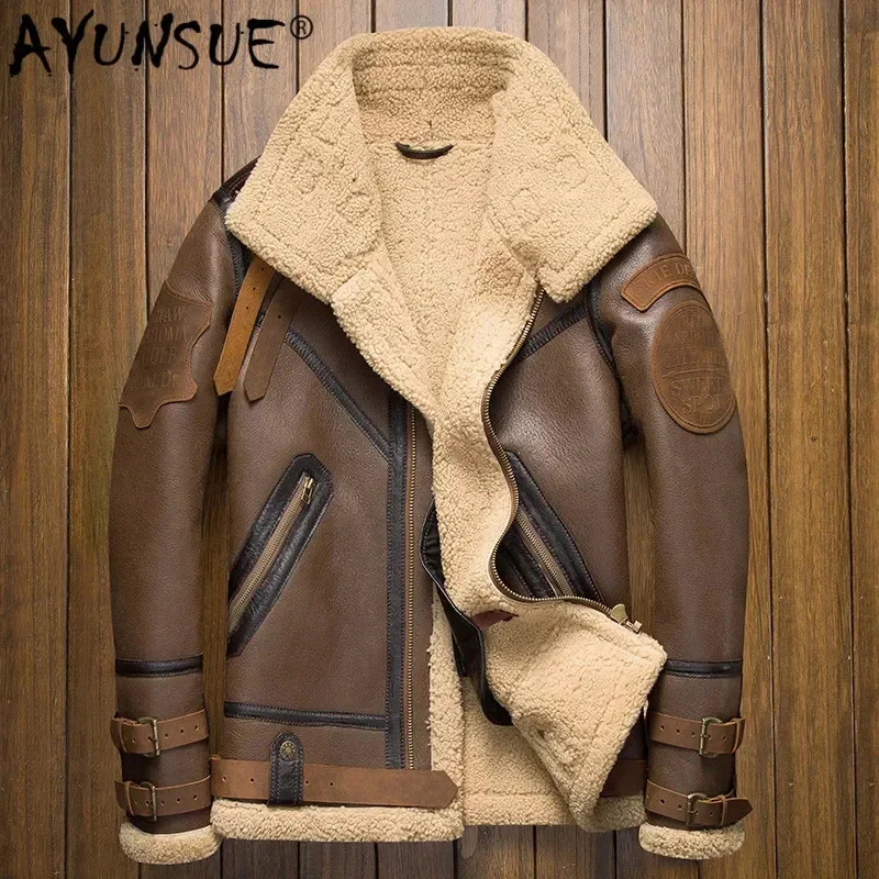 AYUNSUE Sheep Shearling Jacket Men's Genuine Leather Men Motorcycle Aviation Flight Natural Wool Fur Coat 8156