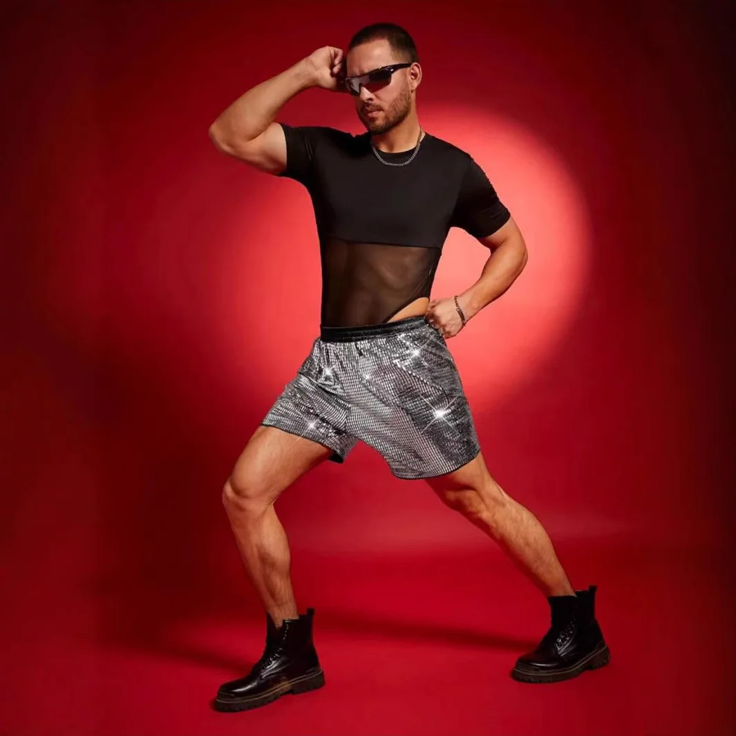 Glossy Shiny Plaid Sequins Shorts for Men Underwear 2025 Nightclub Metallic Disco Party Pants Steampunk Mens Summer Short Homme