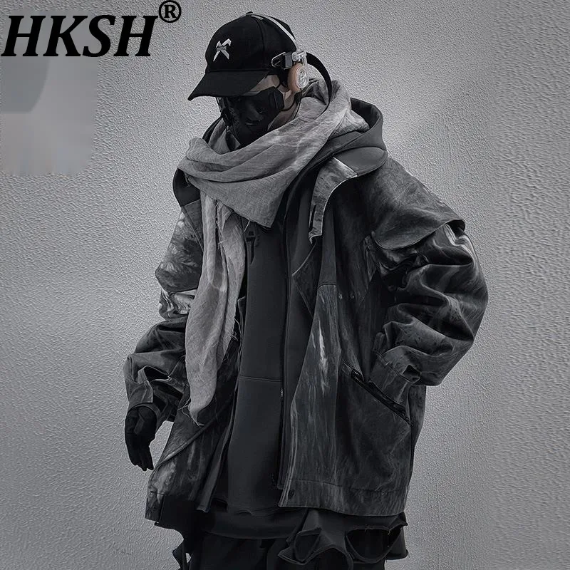 

HKSH Autumn Winter New Men Waste Land Style Frayed Hem Fake Two-Piece Jacket Women Loose Hooded Cotton Padded Coat women HK19156