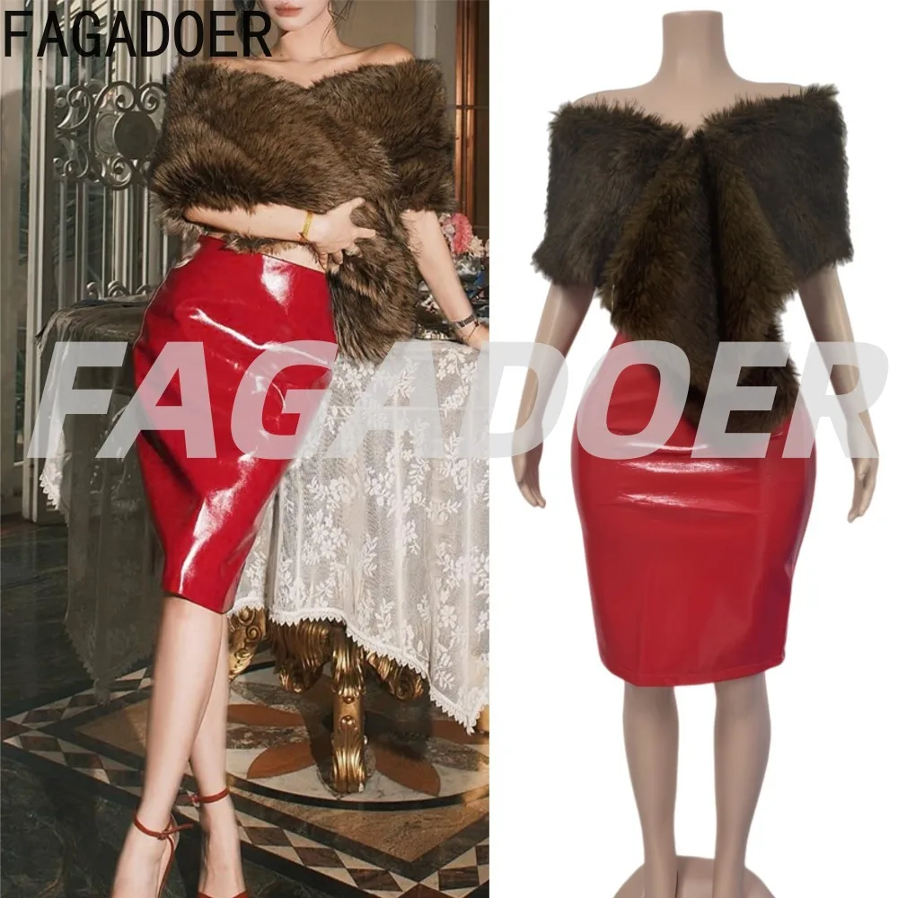 FAGADOER Winter sexy bont patchwork vrouw 2-delige set outfit off showlder onregelmatige crop top + leren rok vrouwelijke streetwear