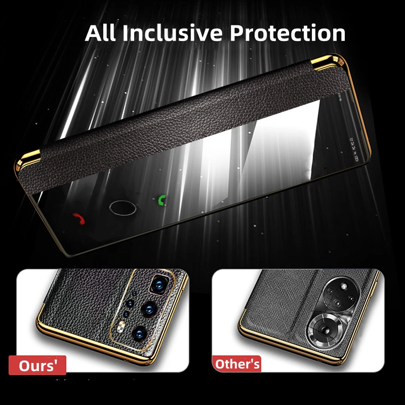 Luxury Litchi Pattern Genuine Leather Smart Case for Huawei P30 P40 P50 Pro Auto Wake Up & Sleep Smart Window View Flip Case