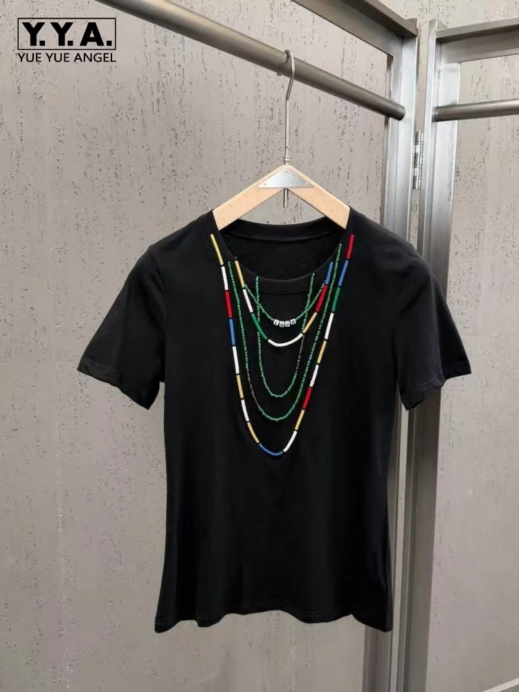 

Summer Women Casual T Shirt Harajuku Beading Embroidery Fashion Pullover Tees Tops Short Sleeve O Neck Female Black T Shirts