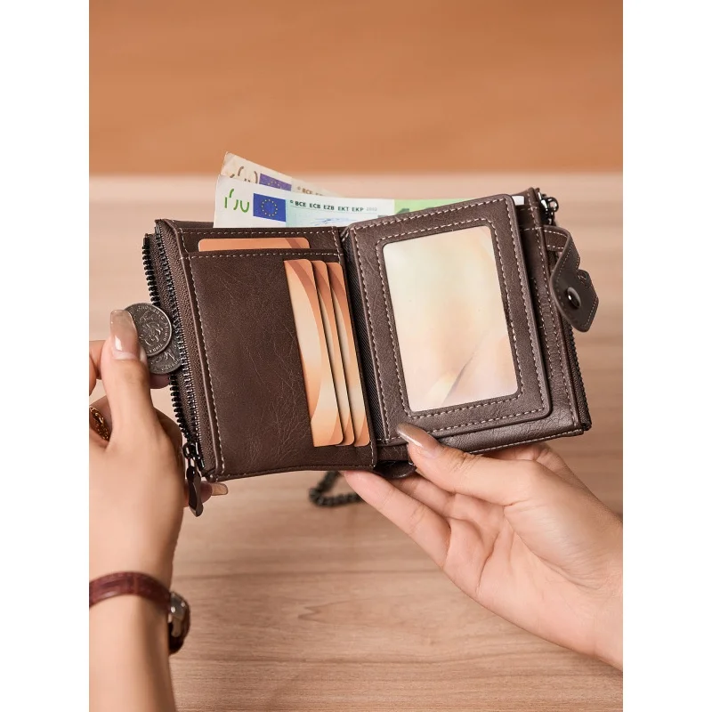 Motorcycle Style Anti-Loss Chain Wallet Retro Mad Horse Pattern Double Zipper Card Holder Tri-Fold Multi-Functional Money Clip
