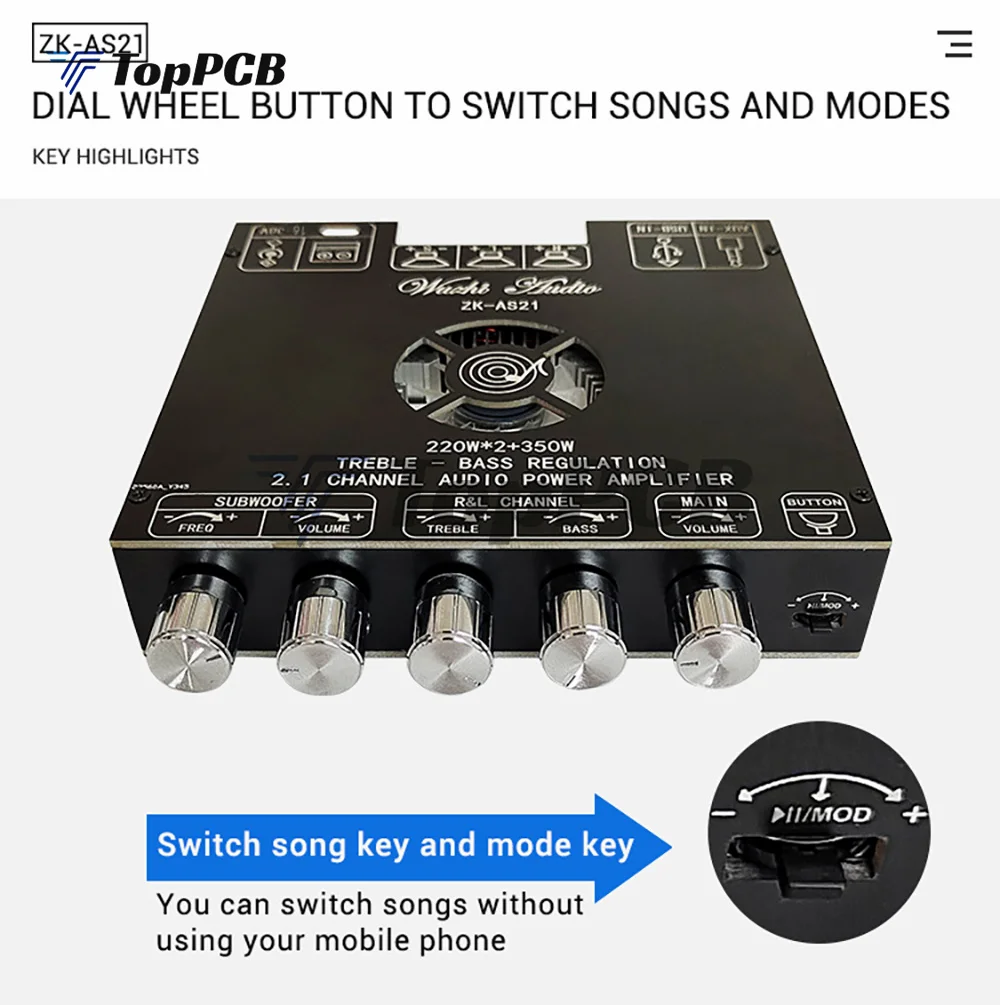 ZK-AS21 2.1 Channel TPA3255 Bluetooth Digital Power Amplifier Board Module High And Low Tone Subwoofer 220WX2+350W