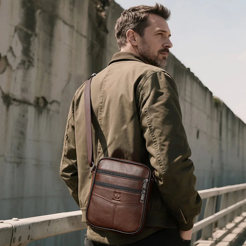 Men's leather single shoulder cross body head layer cowhine advanced 8 inch flat storage vertical diagonal cross cashier bag