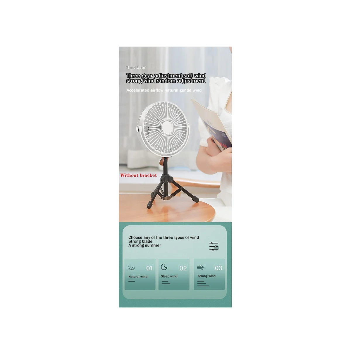 Outdoor Camping Tent Ceiling Fan 3000MAh Rechargeable 3-Gear Suspended Mosquito Net Desktop Fan in Dormitory-Black-HIM