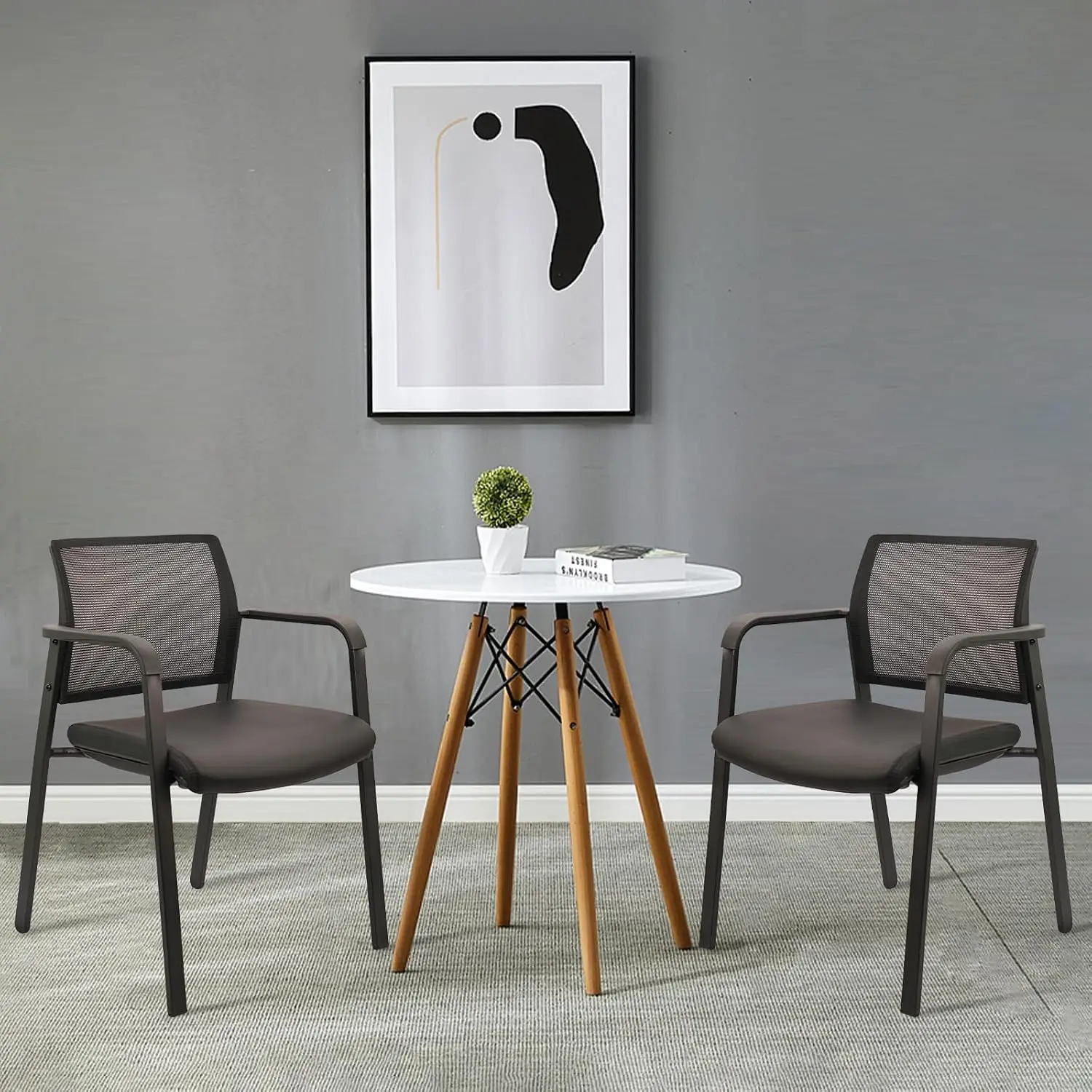 Mesh Back Stackable Office Chair Leather Seat Arms Ergonomic Guest Chair No Wheels Conference Waiting Reception School Black Set