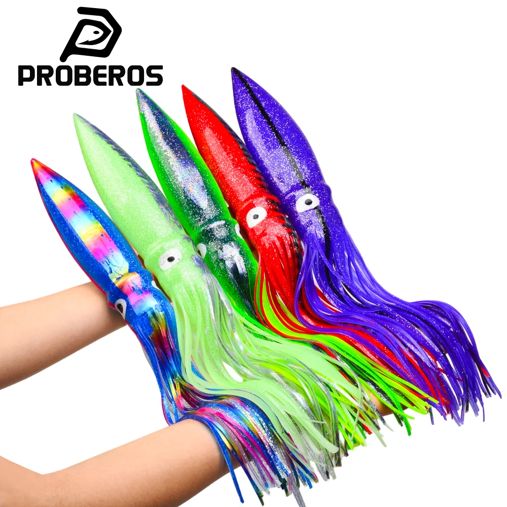 PROBEROS 5PCS/Bag Silicone Soft Squid Trolling Lure 17.5-41cm Luminous UV Octopus Skirt Bionic Bait Bass Saltwater Fishing Lures