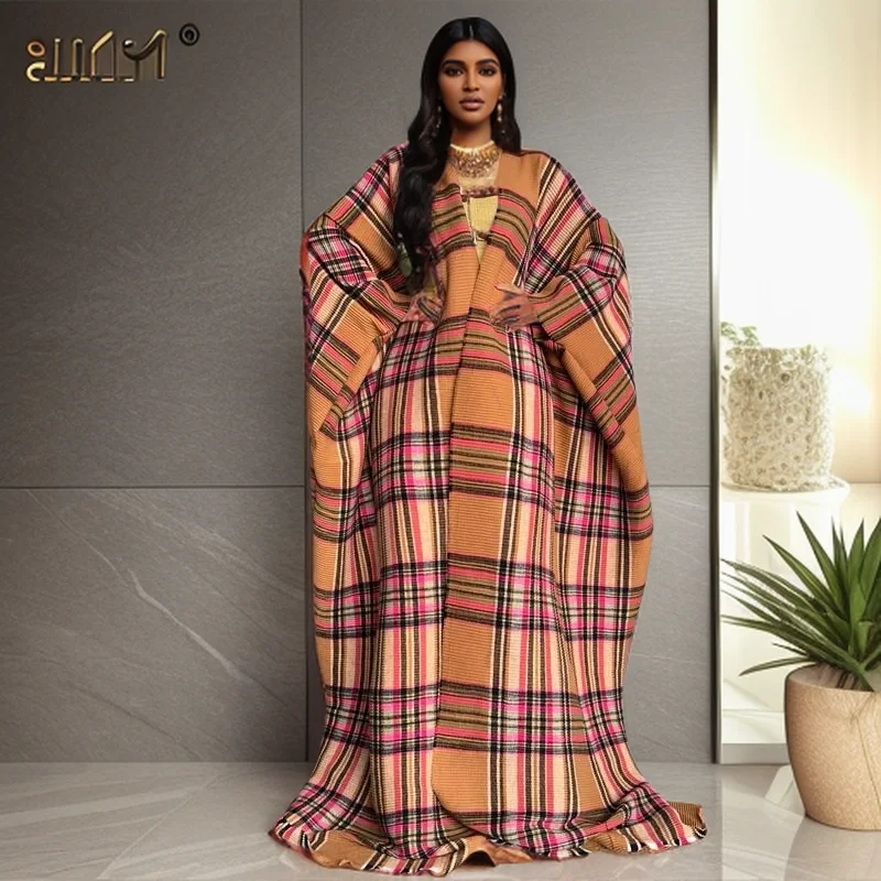 WINYI nowa sukienka kimono maxi caftan dla kobiet kardigan nadruk w szkocką kratę przyjęcie sukienka z peleryną świąteczne kimono moda abaya długi