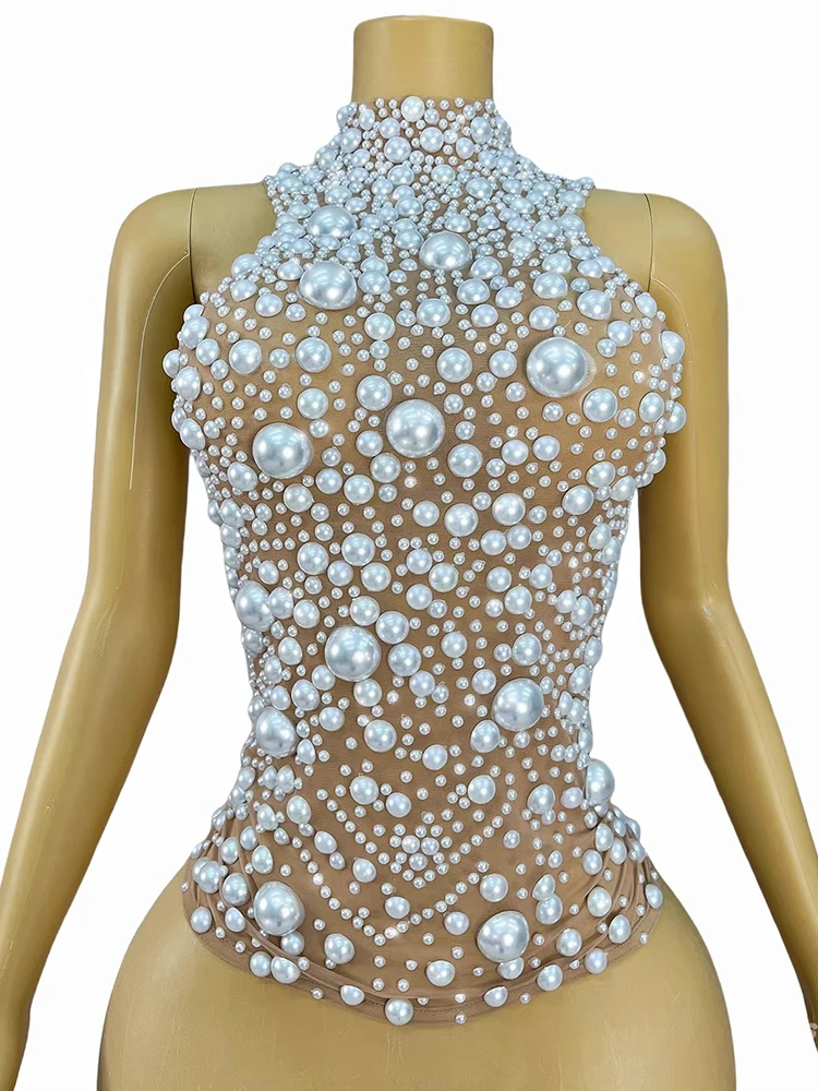 

High Quality Hot Bead Sexy Perspective Mesh Strap Hanging Neck Top 2025 New Fashionable Custom Women'S Clothing