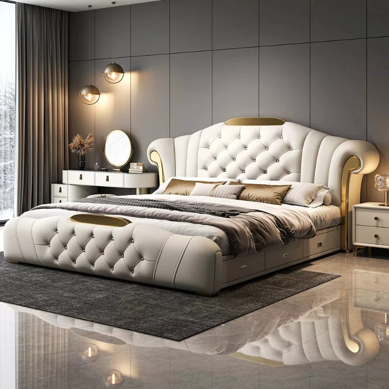 Luxury Queen Size Bed Wooden Holder Modern Sleeping Bed Lounge Upholstery Recamaras Matrimoniales Completas Muebles Furnitures