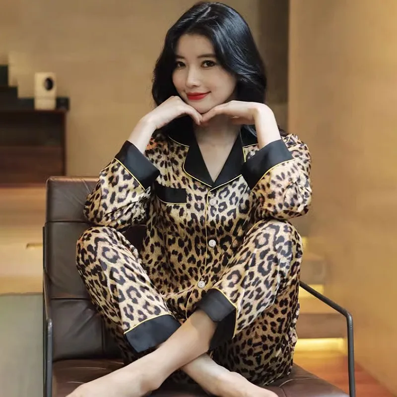 Spring Autumn New Style Sexy Leopard Print Printed Sleepwear Long-Sleeved Pants Homewear Women's Fashionable Overwear Casual Set