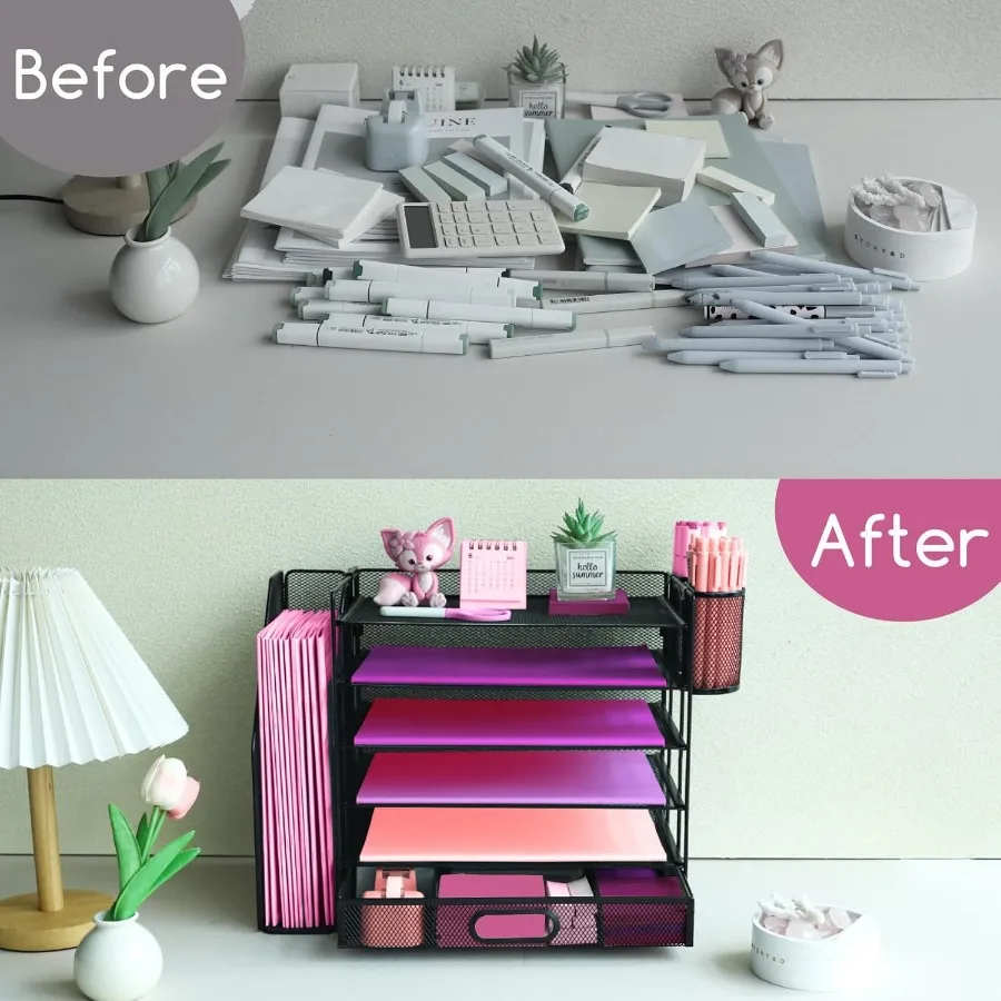 6-Tier Desktop Document Organizer with File Holder Drawer and 2 Pen Holders for Office Supplies Storage Mesh Design for Workspa