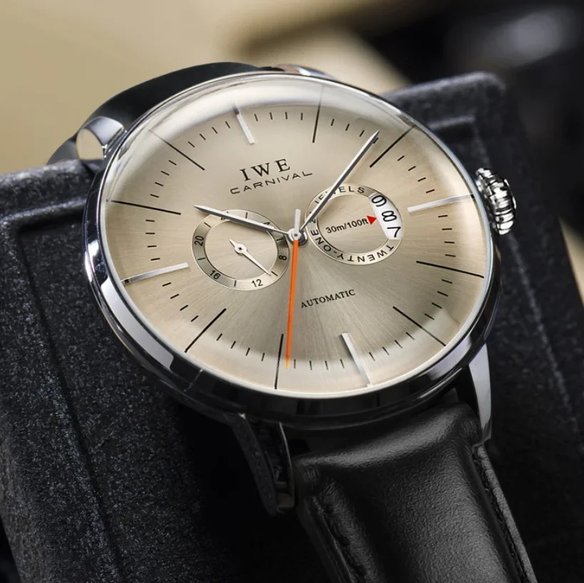 I&W Men Automatic Watch 42mm Mechanical Wristwatch Waterproof Sapphire Mirror Date 24 Hours Leather Strap