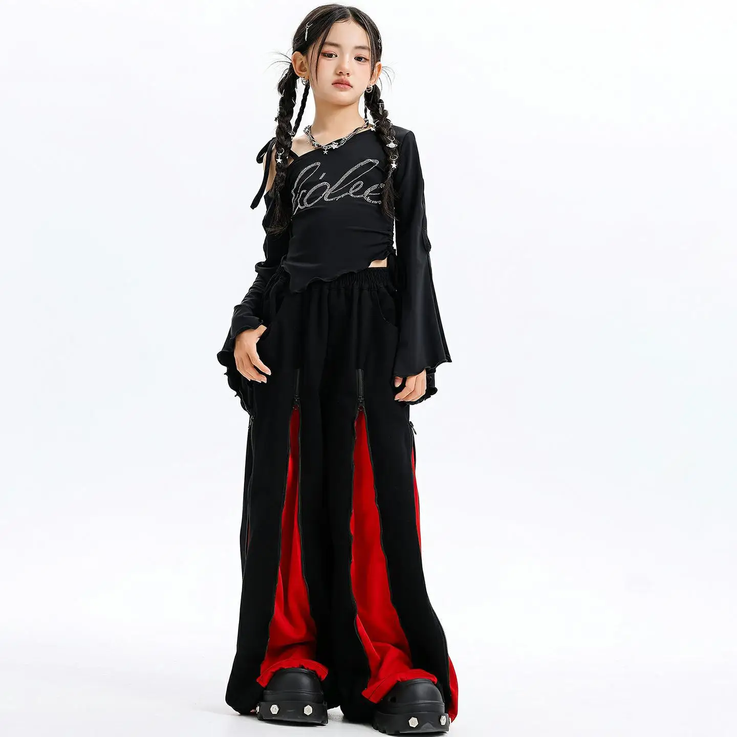 

Детская одежда в стиле хип-хоп Kpop, черная футболка с галстуком по бокам на одно плечо, красные повседневные широкие брюки на молнии для девочек, танцевальные костюмы, одежда