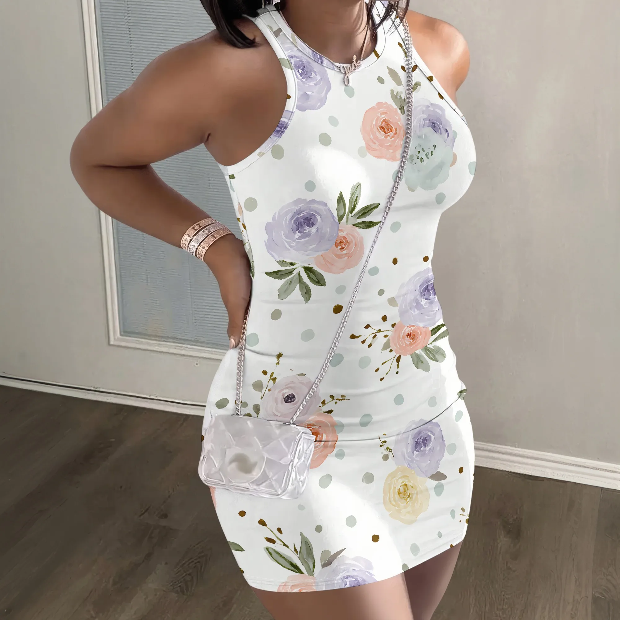Floral Print Dress, Rose Pattern Mini Dress, Polka Dot Bodycon Dress, Summer Party Wear, S-2XL