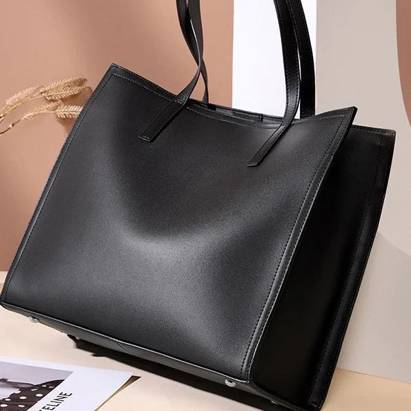 Genuine Leather Large Capacity Tote Bag Black Cowhide New Style Briefcase Computer Versatile Textured Commuter Bag