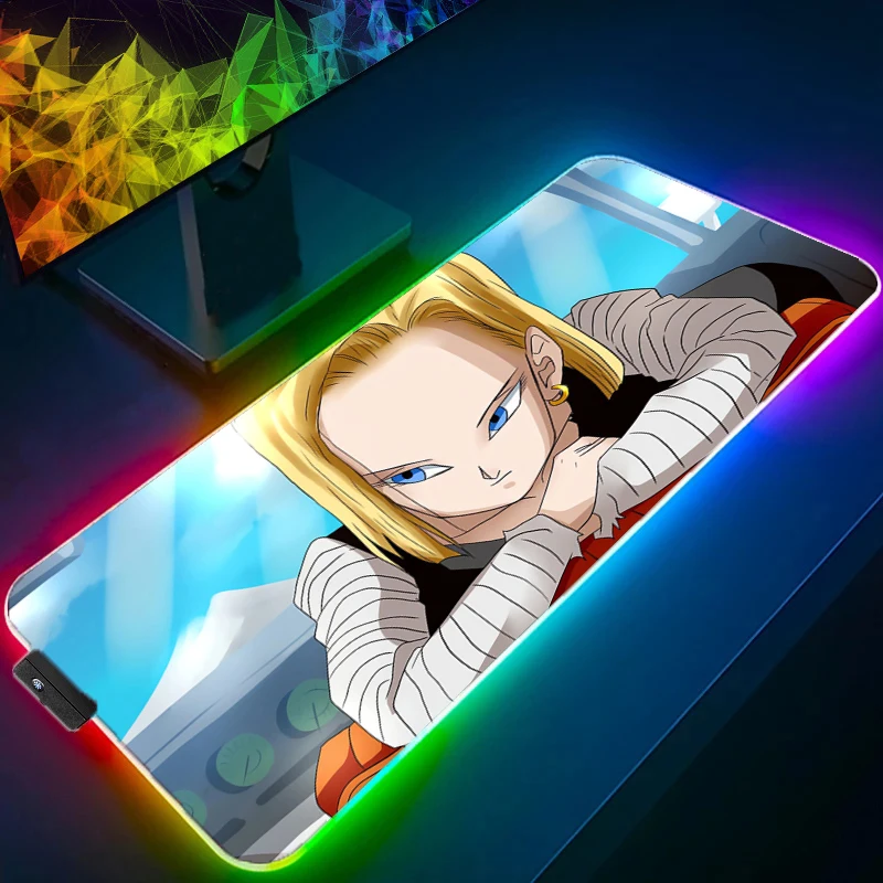 

Dragon Ball Android 18 LED Mouse Pad Gamers Decoracion Gamer Desk Mat RGB Mousepad XXL Gaming Accessories Backlight Keyboard Mat
