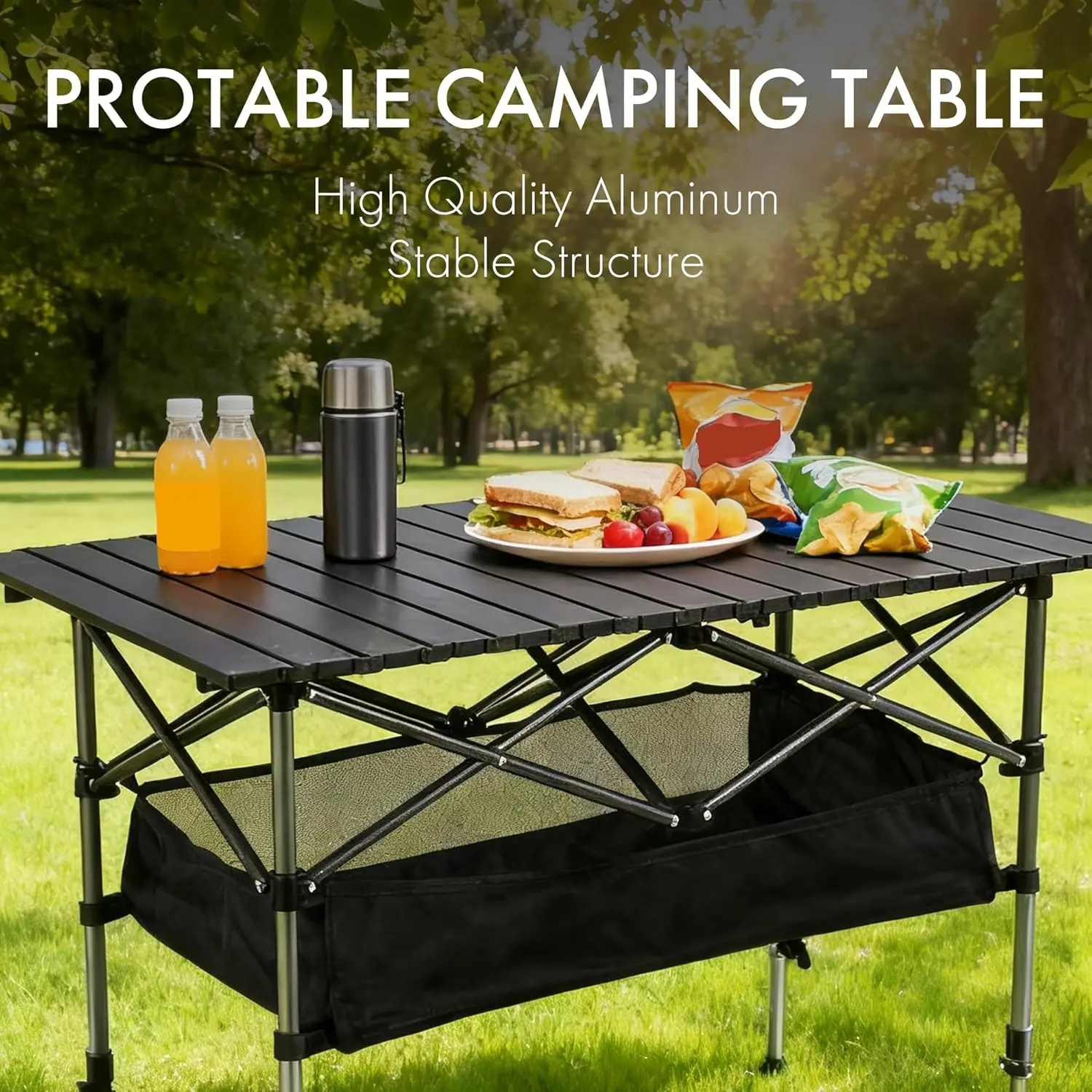 Portable Folding Camping Table Roll-up Top Carbon Steel Frame Lightweight Picnic Table For Beach, Tailgating, BBQ Carrying Bag
