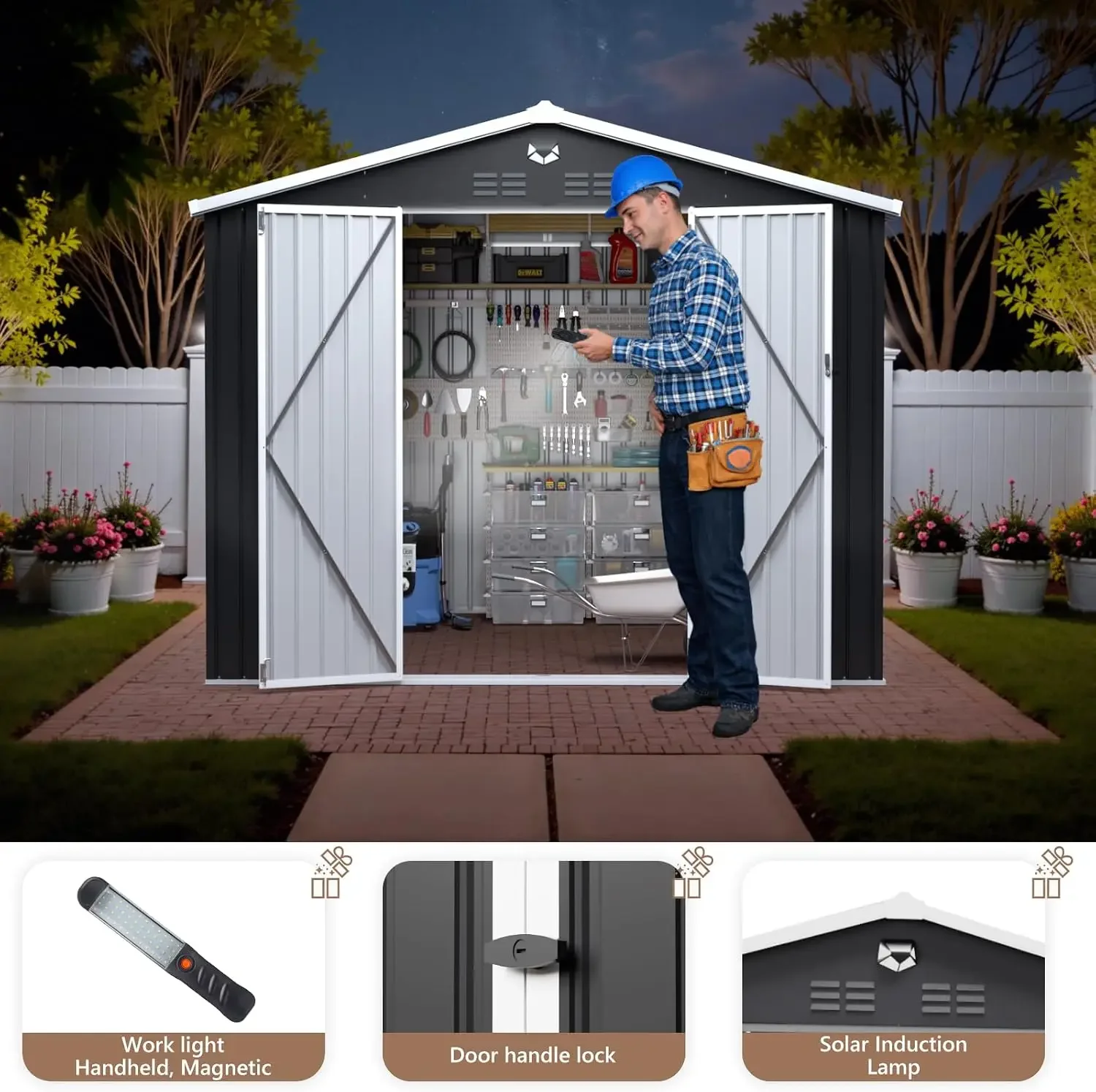 10x8 FT Outdoor Storage Shed, Metal Garden Shed, Storage Tool Sheds with Lockable Doors, Waterproof Outside Storage Building for